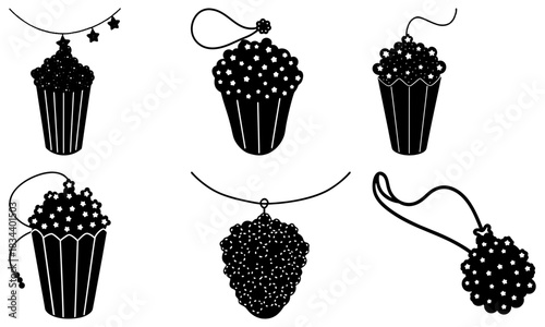 Whimsical cupcake ornaments for holiday cheer, perfect for Christmas cards, festive decorations, and sweet treat themed designs, originally vector art