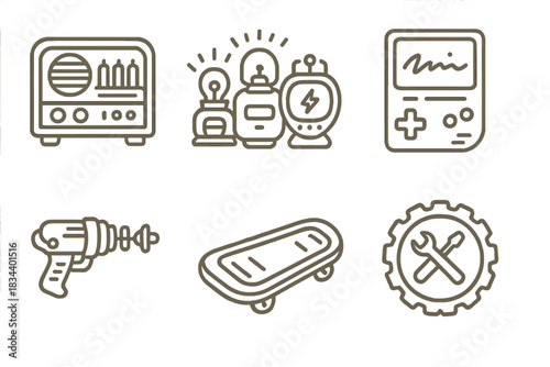 Vintage Line Mod Icons. Line style icons of collectible mods: rare tube radio mod, glowing vintage gadgets, signed retro-tech