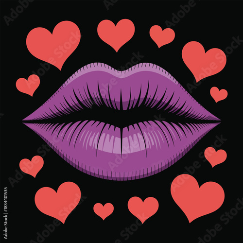 Stylized purple lips illustration with prominent red hearts floating around, depicting themes of love, romance, passion, and flirtation in a pop art comic style.
