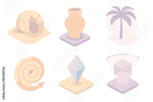 Chrono-Data Artifacts. Isometric vector illustration set Chrono-data excavation: artifact half buried, digital mesh scan, palm