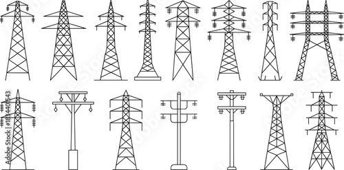 Collection of line art illustrations of various electrical transmission towers electricity power