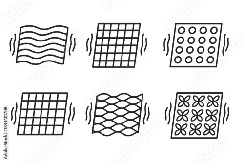Oscillating Decorative Patterns. Line vector icons of oscillating decorative surfaces: rhythmic design planes, shaking ornament