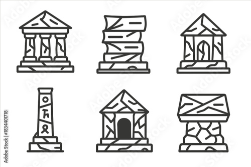 Folded Prophecy Icons. Icons for: a temple of folded prophecies, a monument made of layered pages, a shrine built from creased