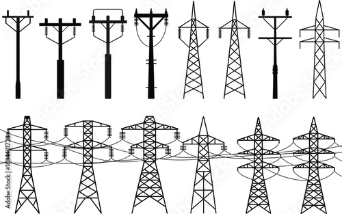 Combination of Electricity Pylons and Utility Poles with Wires Keywords: electricity, pylon, tower, pole, utility, transmission