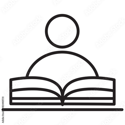 Black line drawing Person seated at desk reading an open book symbolic illustration of learning knowledge with