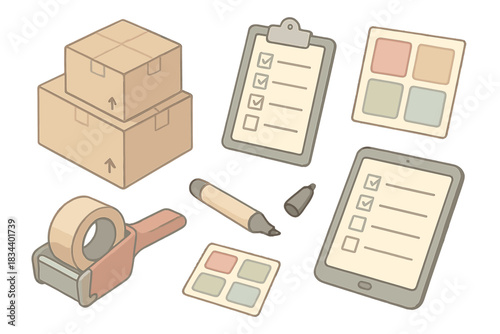 Relocation Planning Tools. Isometric vector illustration set of relocation planning tools: labeled cardboard boxes, checklist