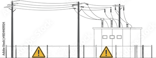 Electrical Substation With Warning Signs And Chain Link Fence Line Drawing On White Background power