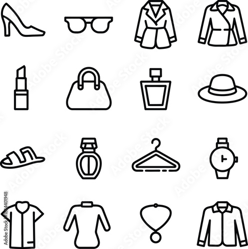 Fashion and style accessories line icons set showcasing a diverse collection of clothing items, footwear, jewelry, personal care, and fashion essentials.