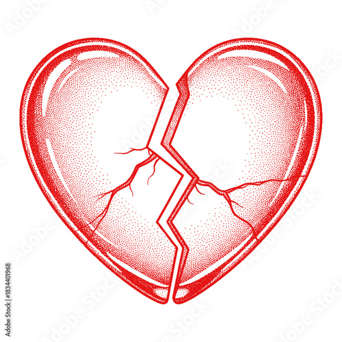 red broken heart in retro halftone stipple effect style illustration