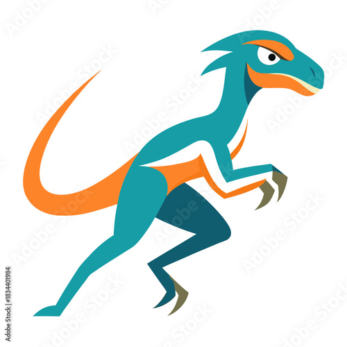 Stylized teal and orange raptor dinosaur illustration