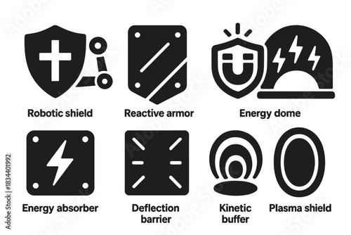 Defense Systems Icons. Solid style icons of defense systems: robotic shield icon, reactive armor plate, magnetic repulse badge.