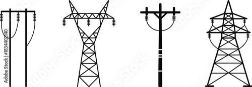 Four different styles of electricity pylons and power poles transmission tower utility pole