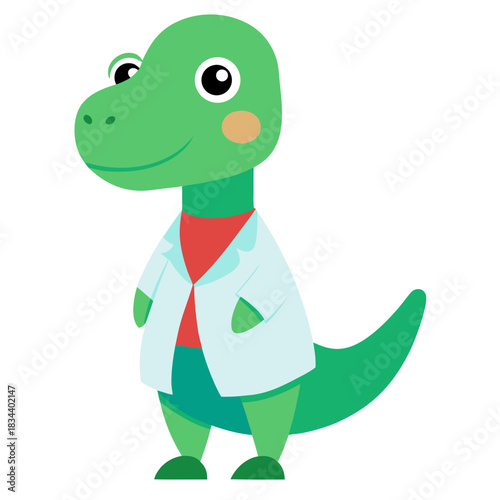 Cute cartoon dinosaur scientist wearing a lab coat and red shirt
