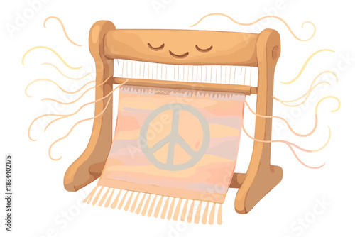 Peaceful Tapestry Ensemble. A friendly "peace tapestry" on a smiling silent loom, floating joyful threads, soft magical pastel