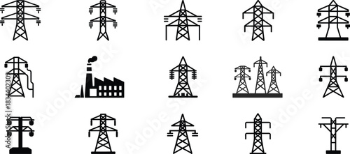 Icons and Silhouettes of Electricity Pylons and Factory on White Background Keywords: electricity pylon, power tower
