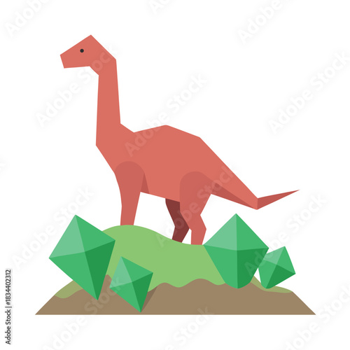 Geometric red dinosaur standing among green crystals on a hill