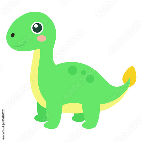 Cute green cartoon dinosaur with big eyes and yellow belly
