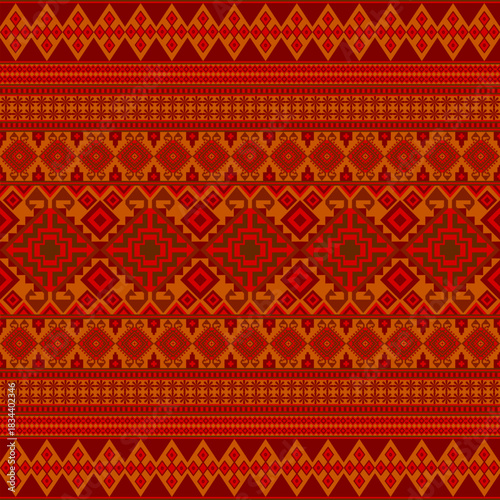 Hmong ethnic fabric, seamless geometric vector pattern, red, orange, brown.ideal for textile prints, packaging,wallpaper,wrapping paper,carpet,and digital graphic design projects.