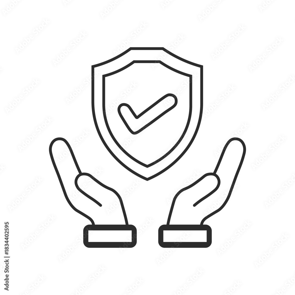 Obraz premium Line art icon of hands holding a shield with a checkmark, symbolizing protection, security, guarantee, and safety
