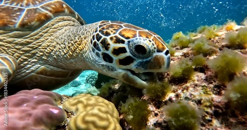 Graceful sea turtle grazing on vibrant coral reef in clear turquoise ocean waters, a magical underwater experience for nature lovers