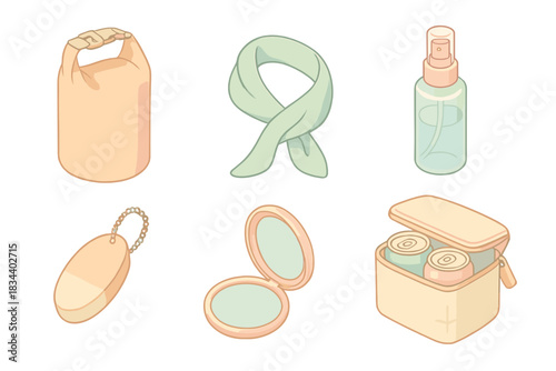 Beach Day Essentials. Isometric vector illustration set Beach day essentials packing list: dry bag for wet clothes, UV protection