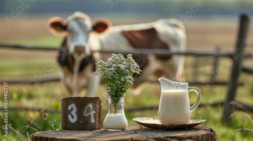 Fototapeta Naklejka Na Ścianę i Meble -  Fresh milk in a glass and jug on a wooden stump with a grazing cow in a meadow background