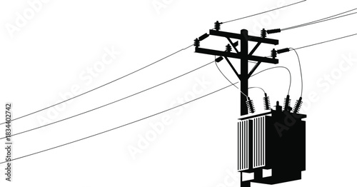 Silhouette of electrical transformer and utility pole with power lines electricity