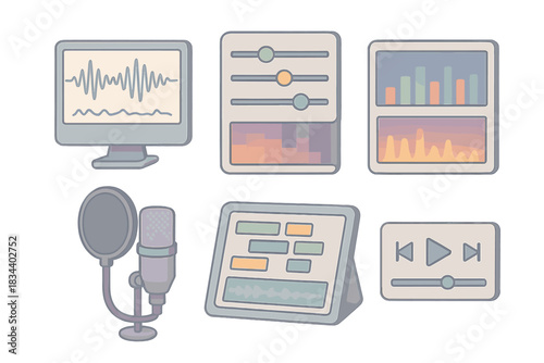 Forensic Audio Tools. Isometric vector illustration set of forensic audio tools: waveform analyzer display, noise reduction filter