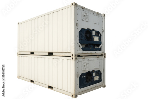 Two white reefer containers stacked, representing perishable cargo movement, global trade, and temperature-controlled logistics