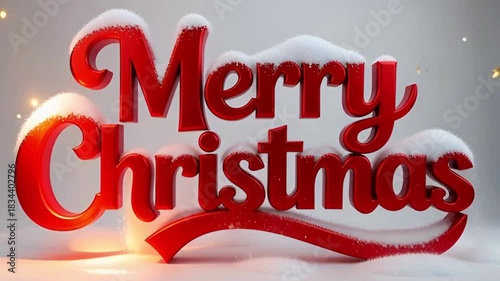 “Merry Christmas” bold red typography, glossy finish, soft snow accents, clean white background, glowing holiday light reflections, elegant festive style, ultra-detailed