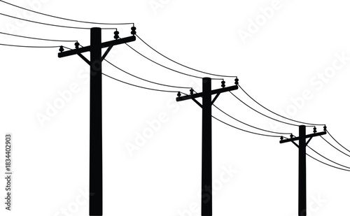 Silhouette of three utility poles with power lines receding into the distance on a white background electricity