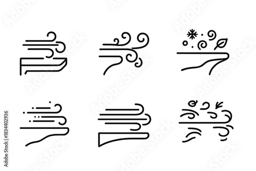Windy Ledge Icons. Line style icons of a windy ledge with numerous options: elevated platform swept by air lines, curved shelf
