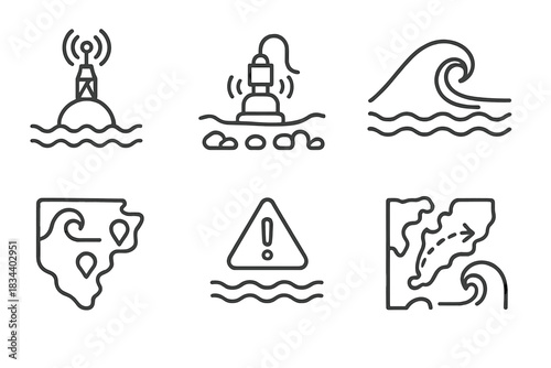 Tsunami Research Icons. Line style icons of tsunami research: buoy detection system, seafloor pressure sensor, wave travel time