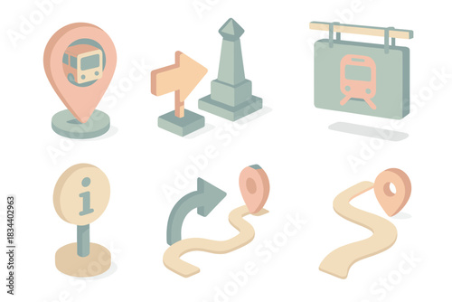 Pastel City Icons. Isometric vector illustration set City guide visuals: bus location pin, arrow to landmark, railway platform