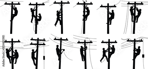 Silhouettes of linemen working on utility poles with electrical wires lineman electrician