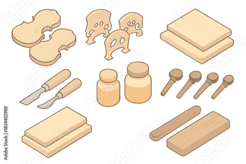Luthier Workshop Essentials. Isometric vector illustration set Luthier workshop details: violin molds, bridge templates, tonewood