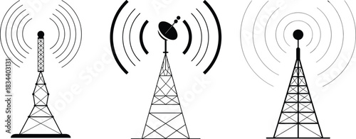 Three stylized communication towers with signal waves and satellite dish antenna transmission