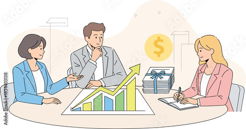 Diverse team collaborating on financial growth strategy with rising chart and currency symbol.