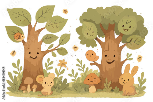 Enchanted Forest Corner. A magical forest corner with smiling trees, winking leaves, little critters with cheerful expressions,