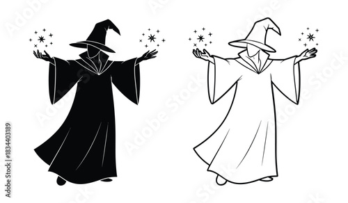 Black and White Wizard Casting Spell Isolated on White Background magician sorcerer