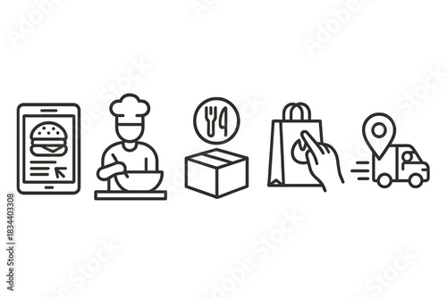 Order Flow Icons. Line style icons of order flow process: online order icon, food prep station, packaging icon, bag sealing icon,