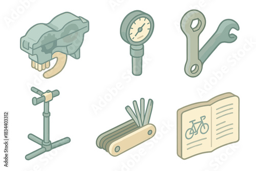 Bicycle Care Essentials. Isometric vector illustration set of bicycle care essentials: chain cleaning kit, tire pressure gauge,