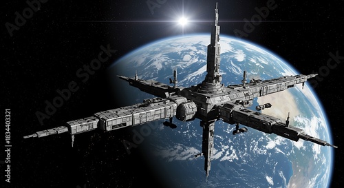 Fototapeta Naklejka Na Ścianę i Meble -  Futuristic space station orbiting Earth with bright sun and cosmos background