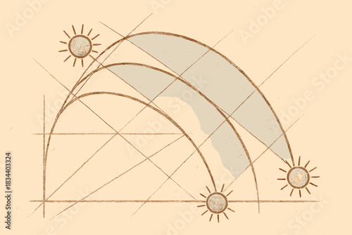 Sun Path Diagram. a hand-drawn diagram showing sun paths across seasons with ancient geometry lines, sepia and sky blue tones, No