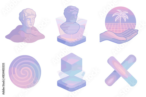 Vaporwave Exploration Toolkit. Isometric vector illustration set Vaporwave exploration toolkit: buried relic form, laser scan