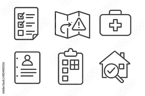Disaster Preparedness Essentials. Line style icons of disaster preparedness training basics: emergency plan checklist, evacuation