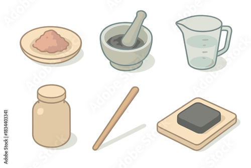 Natural Ink Crafting Icons. Isometric vector illustration set of natural ink crafting: powdered pigment plate, grinding mortar,