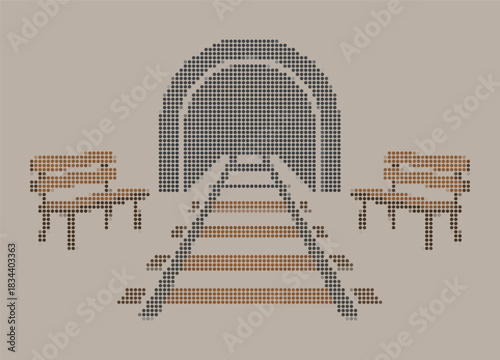 Minimalist Dot Matrix Train Tunnel And Tracks With Benches Halftone Railroad Station Illustration Retro Stipple Railway Transportation Vector Art For Travel Poster Print