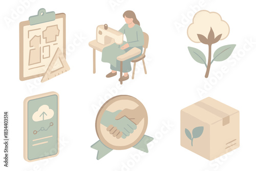 Eco Fashion Workflow. Isometric vector illustration set of conscious fashion workflow: zero-waste pattern drafting, sewing