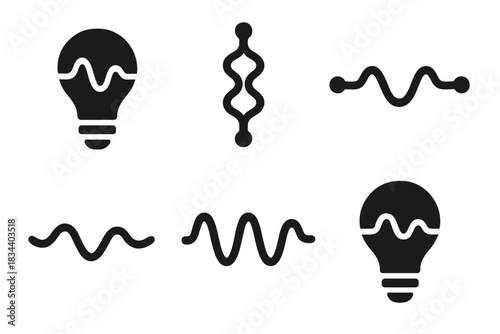 Mental Resonance Icons. Solid style icons of mental resonance: vibrating idea string, harmonic concept pulse, oscillating notion